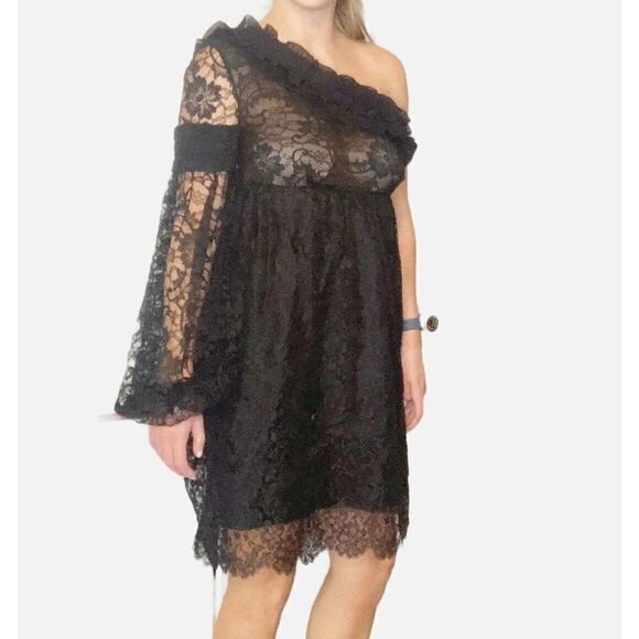Givenchy Black Lace One Shoulder Long Sleeve Formal Dress Women’s Size 40 Medium - Picture 3 of 12